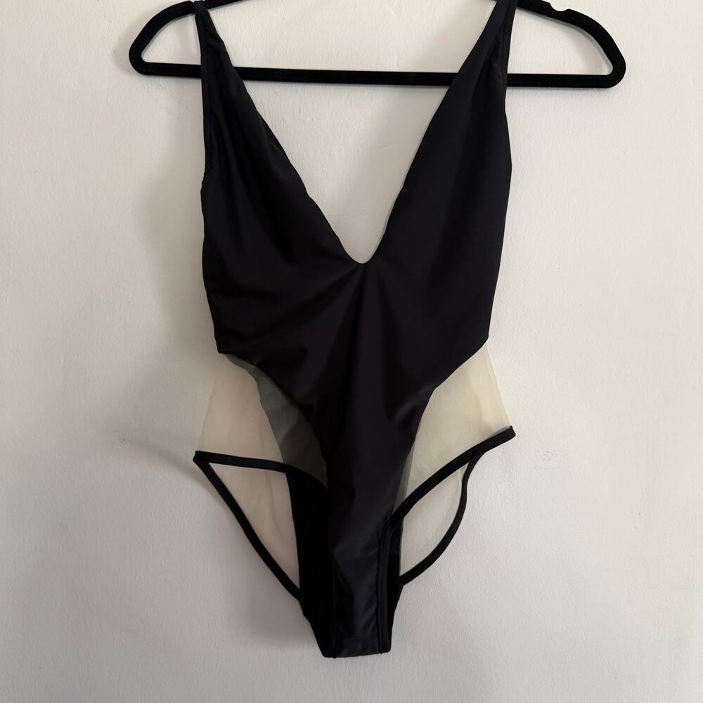 Hot Miami Styles | Black and Sheer Deep V Bodysuit Swimsuit | Small